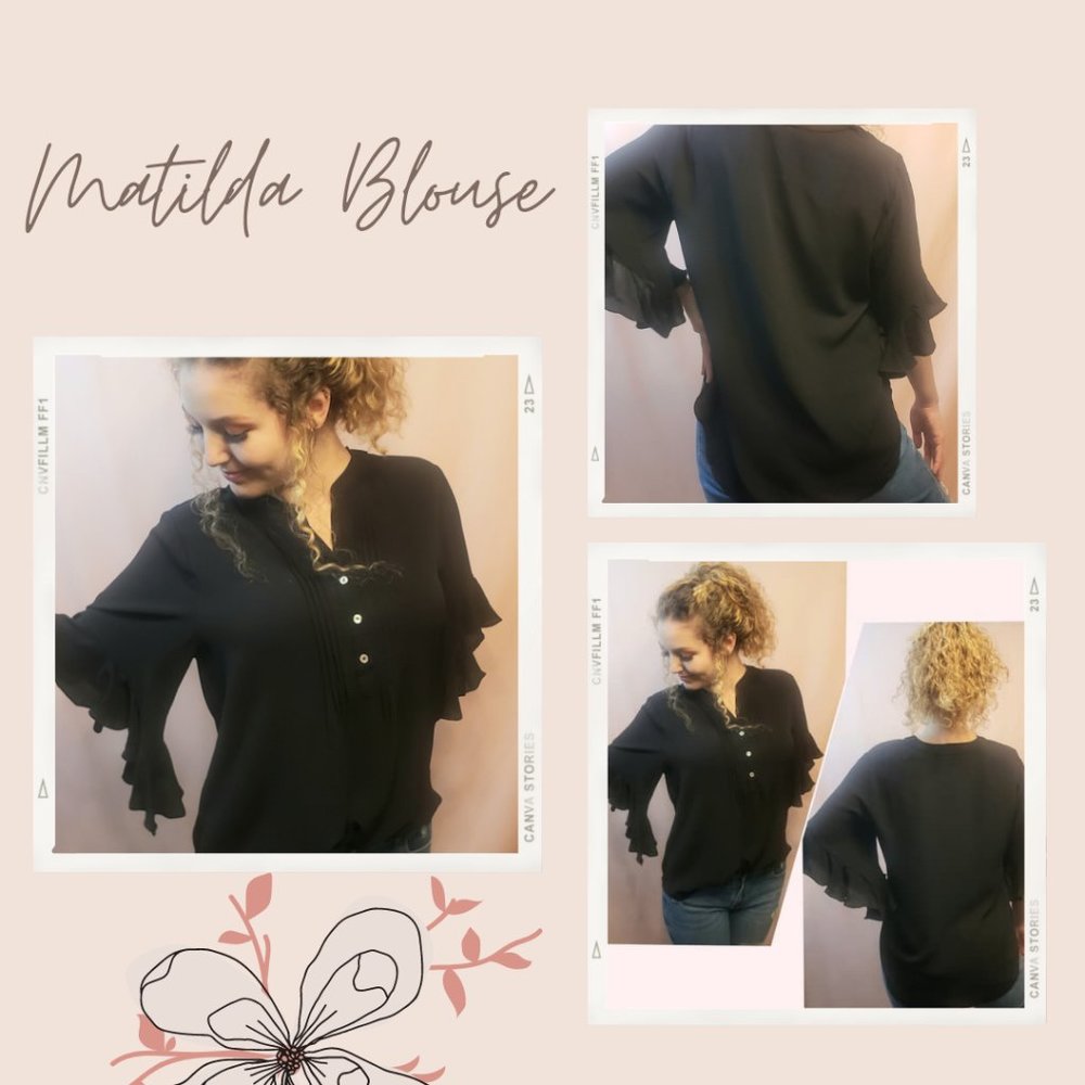 NWOT Black Half Flutter Bell Sleeve V-Neck Button Blouse - Picture 5 of 5